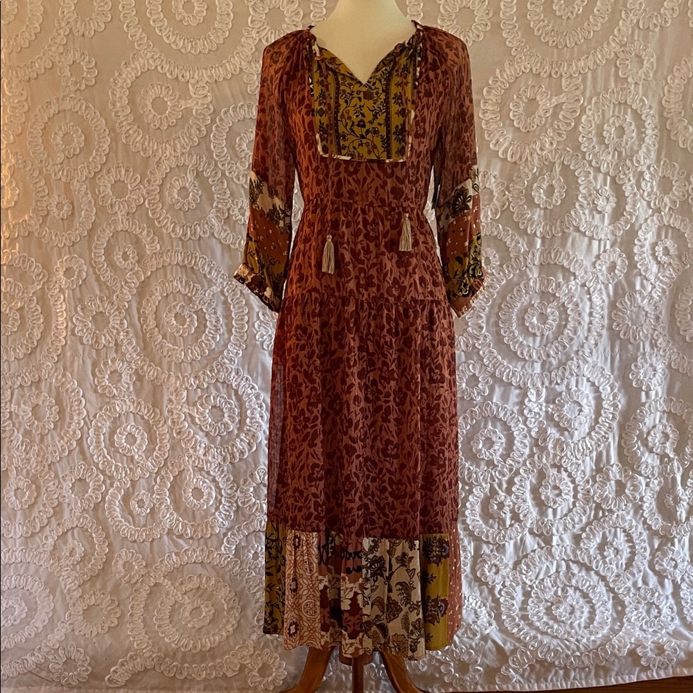John Mark Rust and Mustard Floral Long Sleeve Maxi Dress